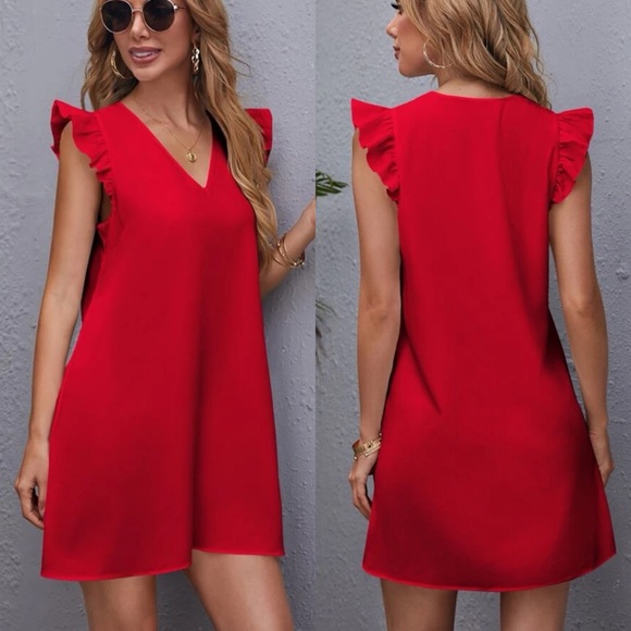 Ruffle tank sleeveless v neck solid tunic dress yellow - Picture 4 of 5